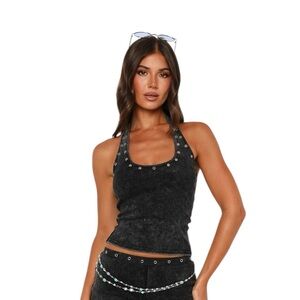 NWT White Fox Boutique Lost Souls Halter Tank Top Washed Black Size XXS